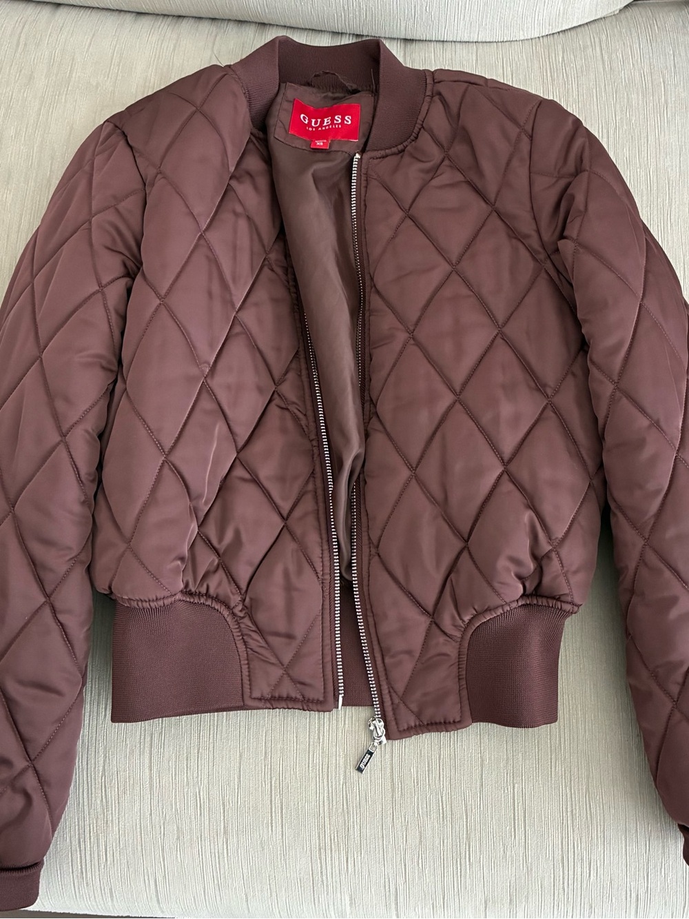 GUESS Quilted Bomber Jacket in Chocolate Brown